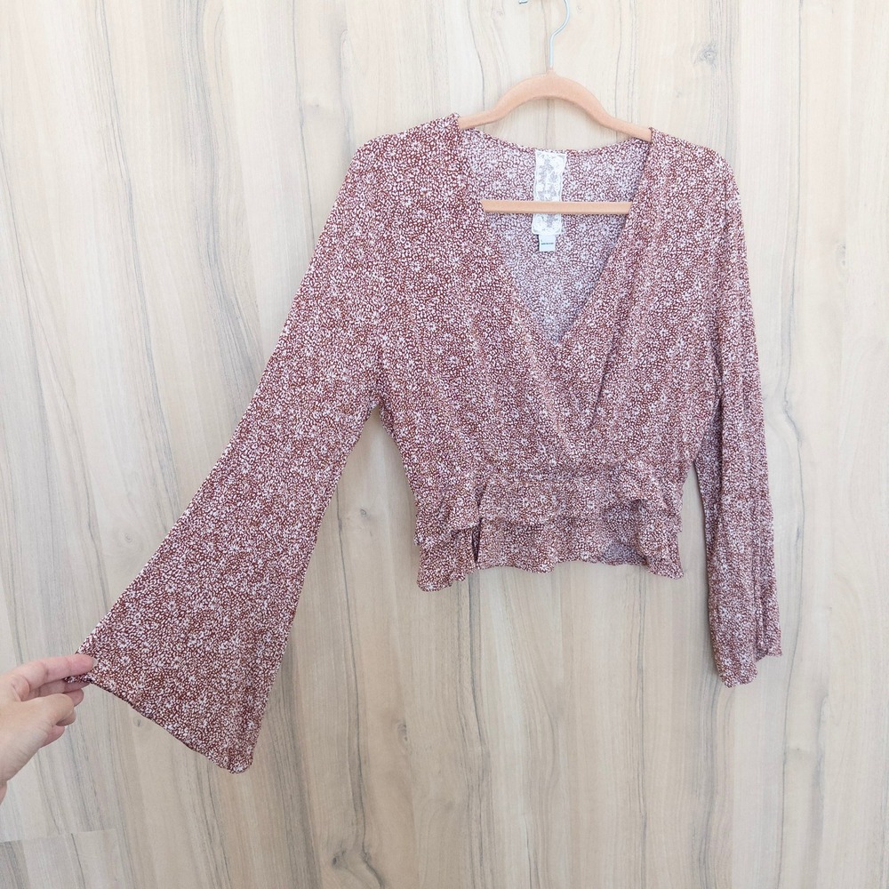 Sadie & Sage Womens Floral Top L Brown Flare Sleeve Ruffle Crop Cottage Boho